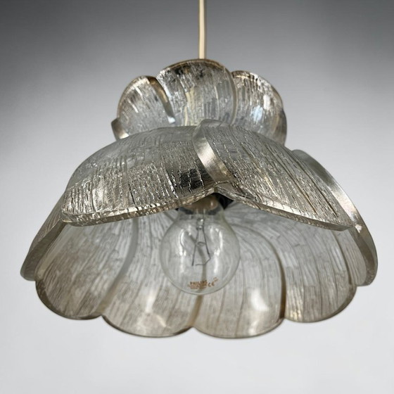Image 1 of Mid-century ice glass pendant lamp in lotus design – 1970s
