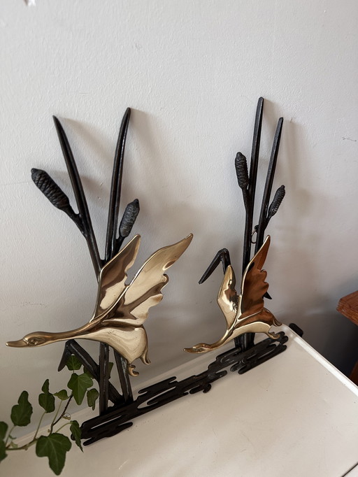 Wall decoration brass swans by reeds