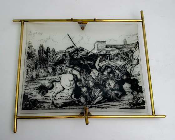 Image 1 of Sconcerto italiano di metà secolo in ottone e vetro acidato curvato, anni '50