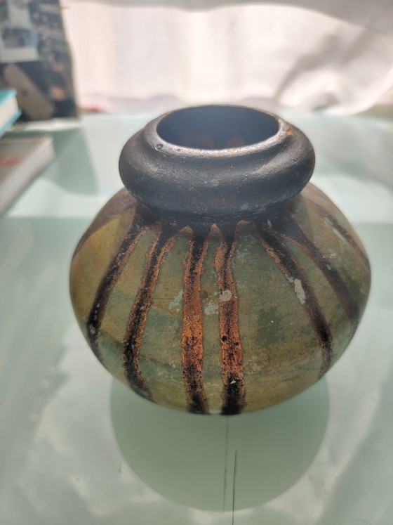 Vaso in Ceramica Antico, Decorazione a Righe e Patina Vintage, Ciotole, Marrone (foto 2 di 5)