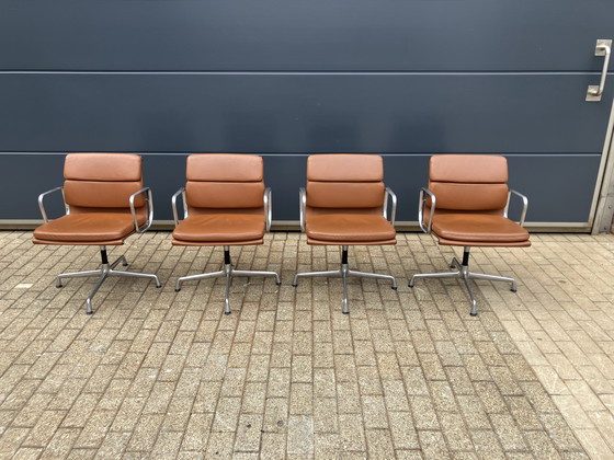 Image 1 of 4x Cognac Leather Vitra Office Chairs EA108 Softpad Swivel