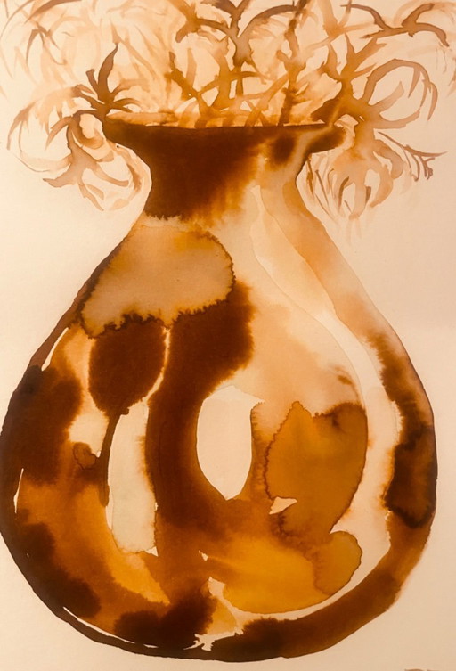 Painting signed, Wabi Sabi vase adorned with dried flowers