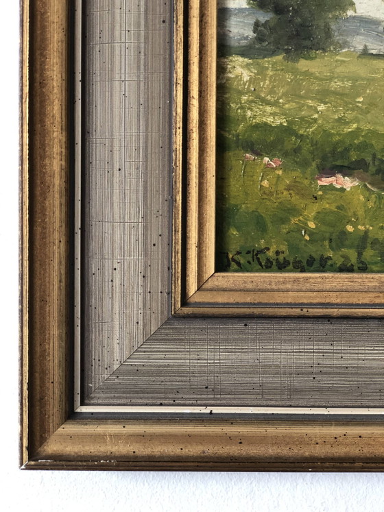 Image 1 of Peinture à l'huile originale vintage représentant un paysage de cottage : œuvre d'art encadrée