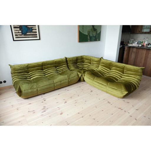 Togo vintage living room set in green velvet by Michel Ducaroy for Ligne Roset, France 1970