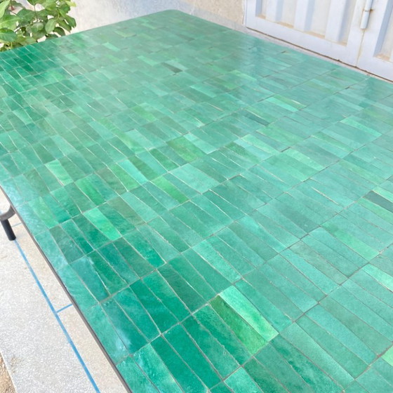 Image 1 of EMERALD GREEN TABLE, Dining Large Handmade Outdoor & Indoor Mosaic Table, Moroccan Green Table, Traditional Custom-Made Design