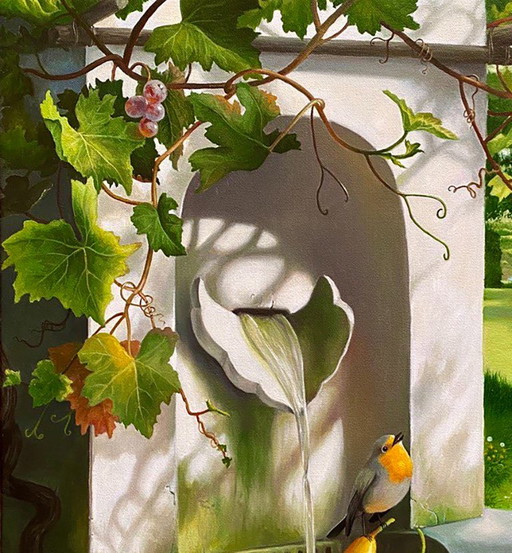 Original Oil Painting Park Landscape Fruits Garden With A Fountain – schilderijen tekeningen, Canvas (photo 2 of 8)