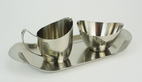 Image 1 of danish modern 3-piece SET sugar bowl creamer and tray stainless steel made in denmark