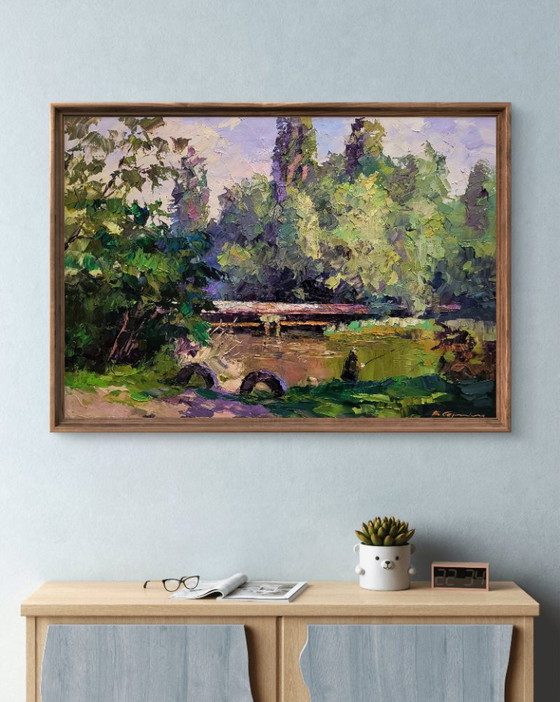 Original Oil Painting Summer Nature Landscape Bridge Alone With The River – Paintings & Drawings, Canvas (photo 3 of 7)