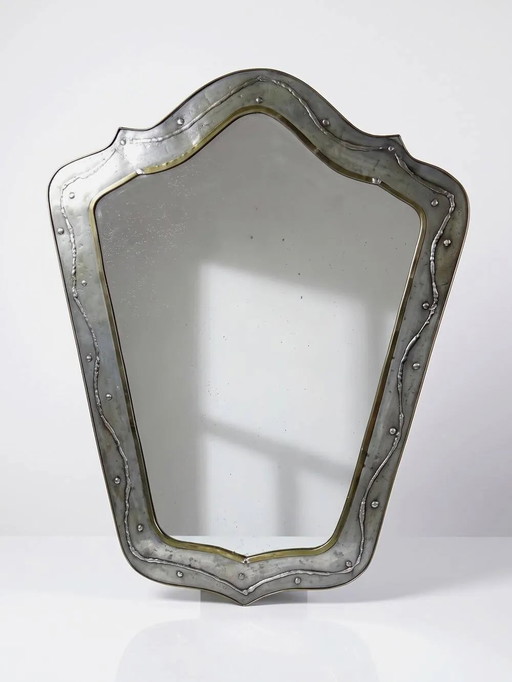 Specchio brutalista di Jean Goardère, ottone e stagno, anni '70.