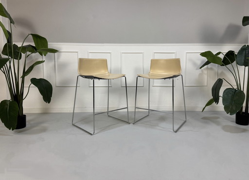 2x Arper Catifa Barstool Chair Leather Low Back Beige 76 cm Seat
