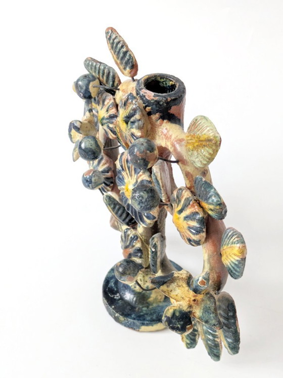 Image 1 of Vintage Mexican Tree of Life Ceramic Candleholder, 1970s Folk Art Candelabra with Birds & Flowers