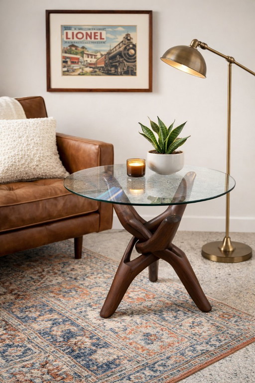 Table sculpturale vintage – Style Mid-Century / Piètement en bois naturel / Plateau en verre / Design affirmé