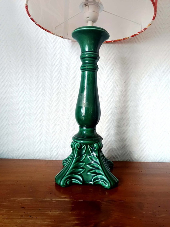 Image 1 of Vintage groene keramische lamp met op maat gemaakte lampenkap.