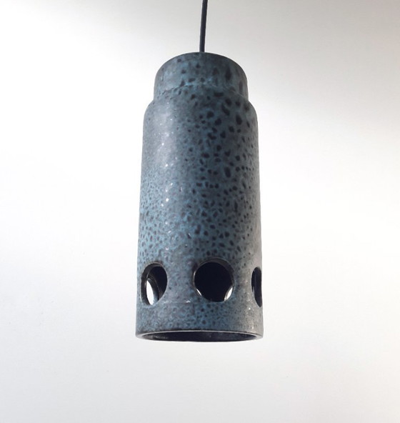 Image 1 of Lichtblauw met bruin gevlekte keramieken aardewerken vintage hanglamp, West Germany fat lava stijl, keramiek, aardewerk lamp