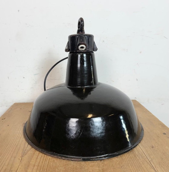 Image 1 of Industrial Black Enamel Factory Lamp with Cast Iron Top, 1950s
