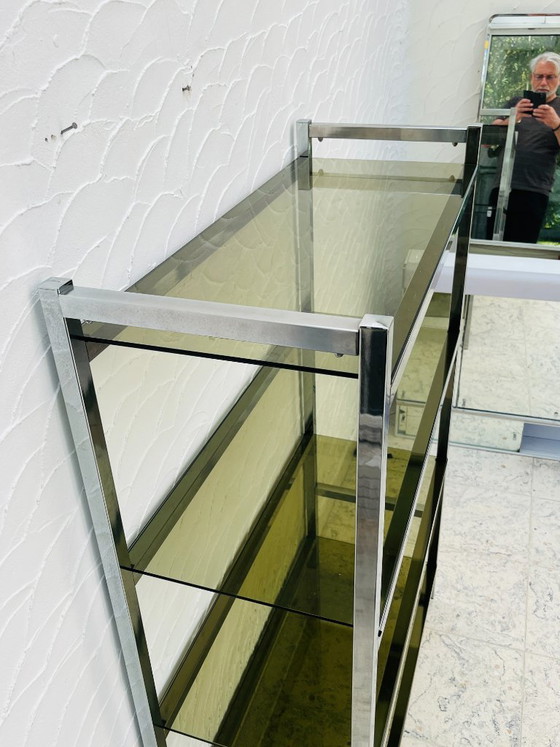 Image 1 of Designplank van chroom en rookglas in Italiaanse stijl uit de jaren 70.