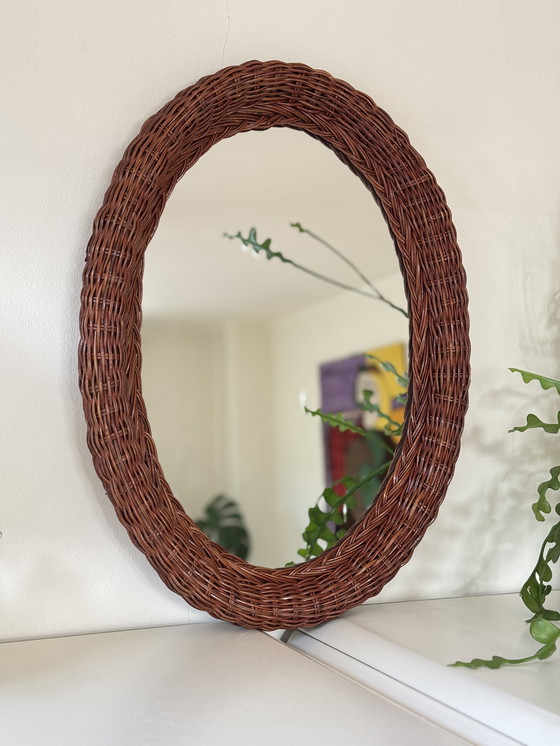 Image 1 of Vintage rattan wall mirror oval - boho retro 70s style