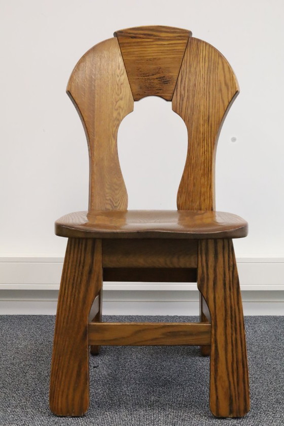 Image 1 of Set di 8 sedie da pranzo brutaliste in legno, anni '70