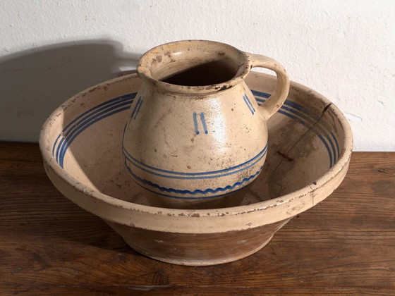 Pair of Antique Glazed Ceramic Bowl and Jug, Central Europe, circa 1900, Crockery, Blue (photo 14 of 14)