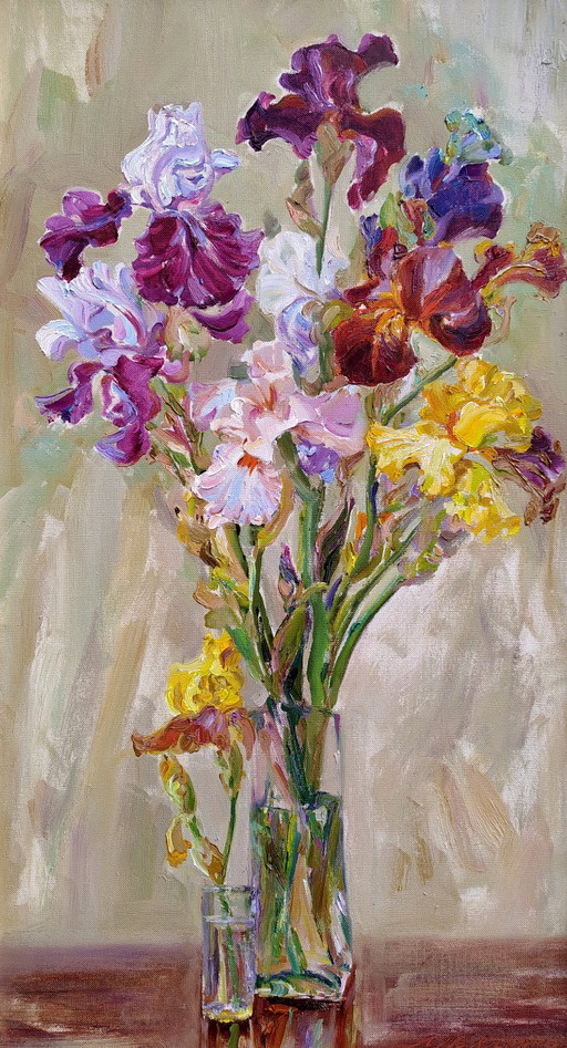 Original Oil Painting Still Life Flowers Bouquet Irises