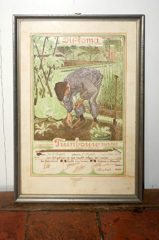 Image 1 of framed diploma tuinbouw cursus 1946 * dutch certificate wall art * garden training diploma * vintage print * farmhouse decor