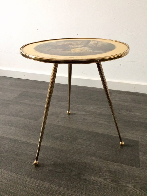 Image 1 of Italian Design Brass Tripod Side Table w printed top 1950's