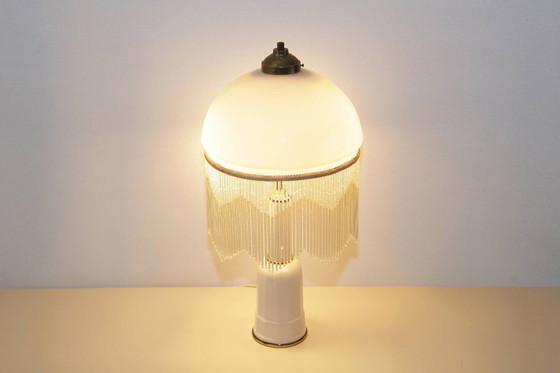 Image 1 of Tafellamp met glazen kap, opaalglas en glazen kralen, 55 cm, vintage jaren 70
