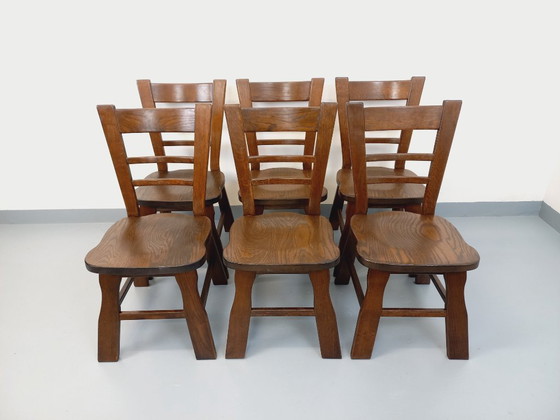 Image 1 of Set of 6 vintage brutalist oak chairs from the 1950s