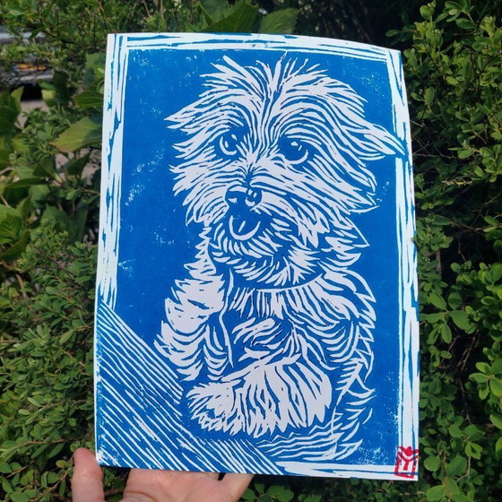 Image 1 of Portrait de Yorkie gravé à la main sur linogravure