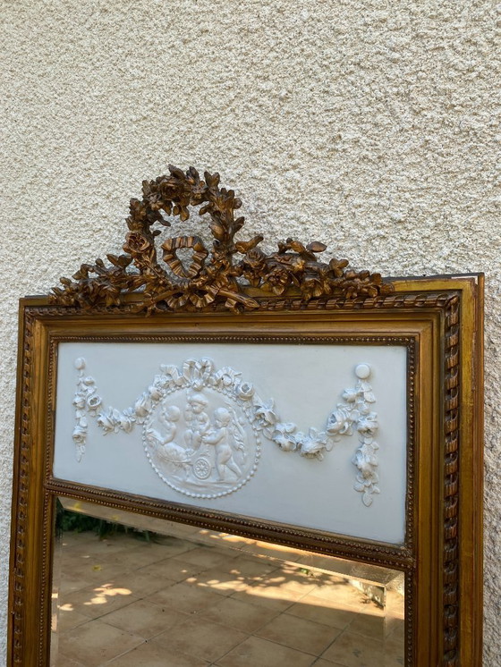 Image 1 of Louis XVI style trumeau mirror in gilded wood with gold leaf, 74x150cm