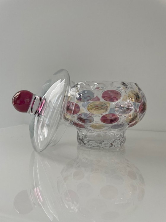 Image 1 of Decorative glass jar with colorful polka dots design