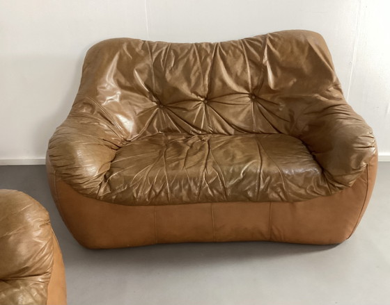 Image 1 of Ensemble de sièges vintage en cuir cognac des années 70, italien et français