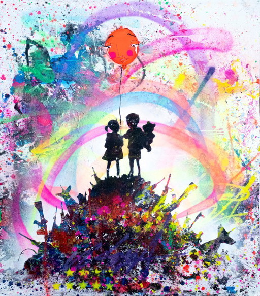 UTOPIA - Kids On Guns Hill - Pittura d'Artista Sotto Vetro – schilderijen tekeningen, Paper