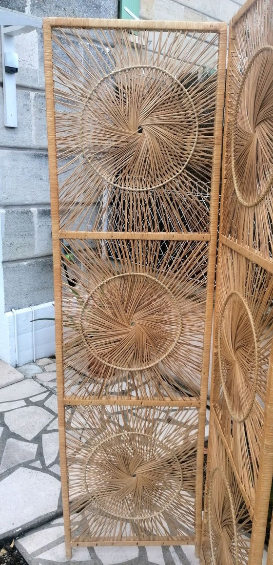 3-panel folding rattan, bamboo, and wood screen, Room screens, Brown, Vintage (photo 7 of 14)