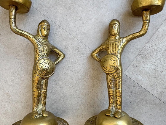 2x Vintage Messing Kandelaars - Ridders – Kandelaars en kaarsen, Brass (photo 5 of 7)