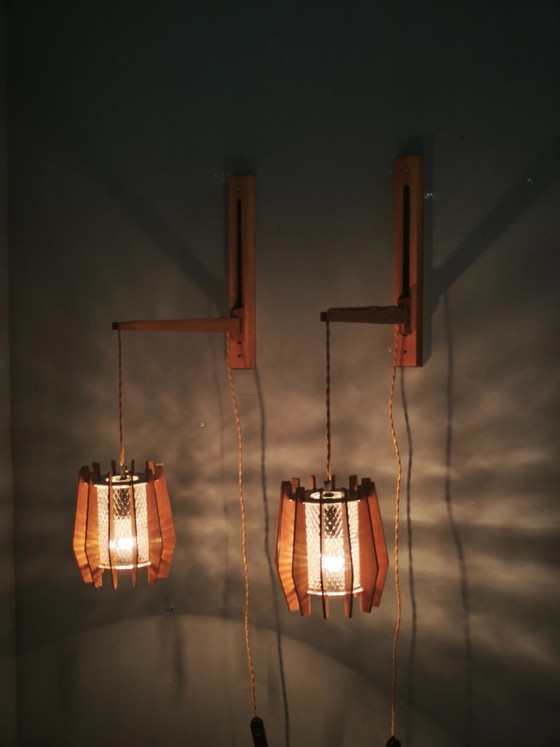Pair of Dřevo Humpolec Adjustable Swing Arm Wall Lamps, 1960s, Wall lights, Wood, Brown (photo 2 of 16)