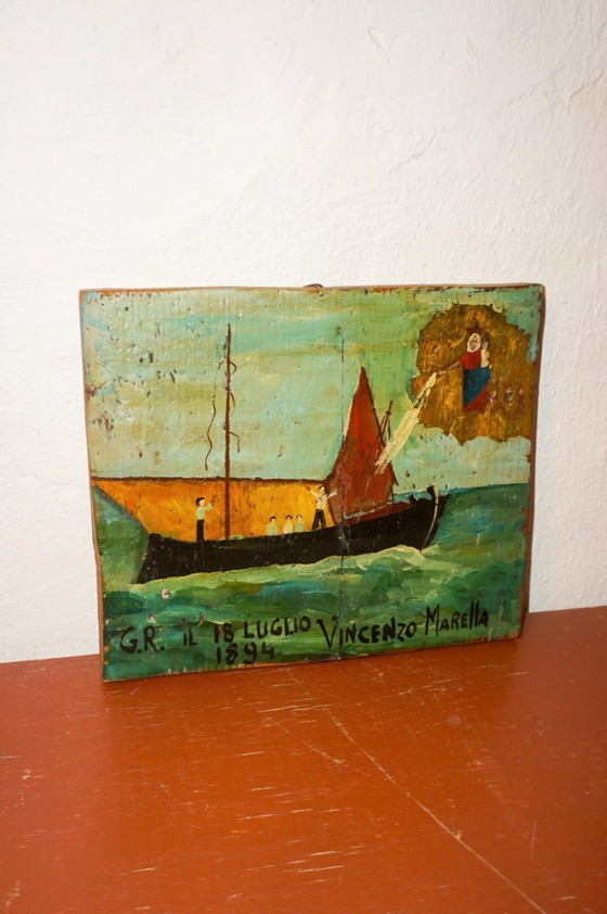 Image 1 of antique italian ex voto painting * 1894 folk art maritime devotional panel * naïve madonna boat scene * wood plaque