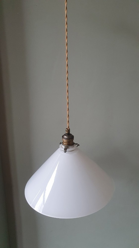 Image 1 of Set (2) Vintage pendant lamps in opaline / milk glass - banker's lamp or shoemaker's lamp