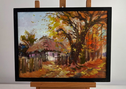 Original Oil Painting Autumn Village Landscape Street in golden leaves