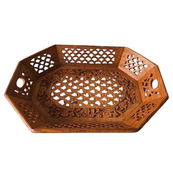 Image 1 of Vintage-Holzschnitztablett, orientalisches Teakholz, 1970er Jahre