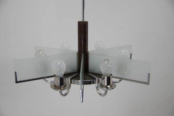 Image 1 of Six-Arm Art Deco Chandelier in Chrome and Sandblasted Glass, 1940s