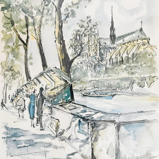 Image 1 of Vintage mid-century Guillery Lithograph Paris Notre Dame apse painting 1960s