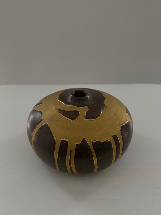 Vintage keramische vaas – bruin met matgouden glazuur – Vazen (photo 4 of 5)