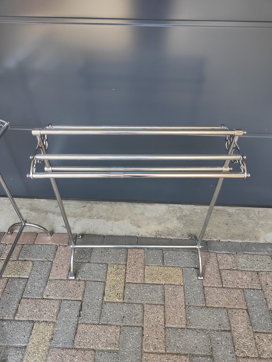Image 1 of set of two retro standing towel racks, chrome