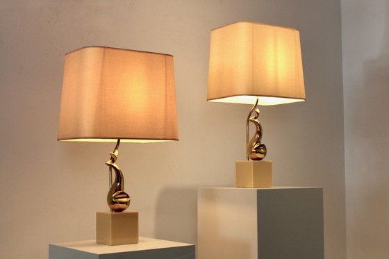 Pair of Exclusive Philippe-Jean Brass Art Sculpture Table Lamps, signed, Marble, Mid Century Modern (photo 6 of 14)