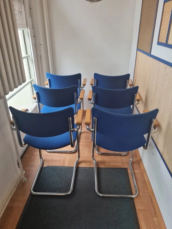 6 Poltrone Cantilever Thonet S 43 originali di Mart Stam – blu, impilabili – Sedie da pranzo, Textile (photo 2 of 5)
