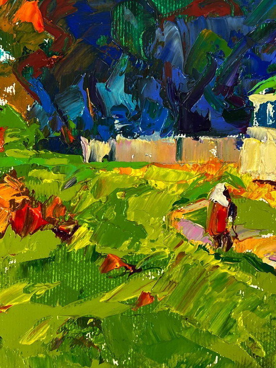 Image 1 of Peinture à l'huile originale, paysage rural, prairie, village, parc en forêt
