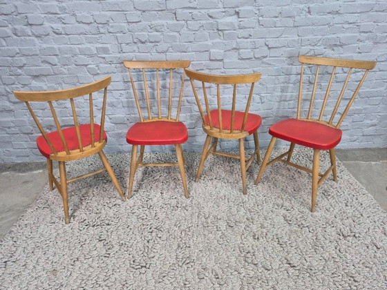 Image 1 of Vintage Design Set of Four Spindle-Back Kitchen Chairs – Beech Wood with Red Leatherette Upholstery, Northern Europe, 1960s