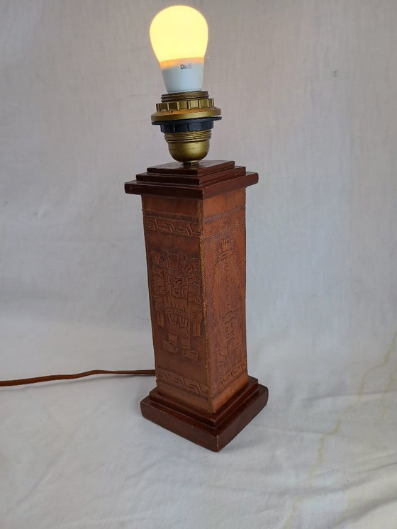 Image 1 of Vintage 1960s Leather Totem Lamp Angel L. Pazmino Aztec Inca maya Brutalist Design, Mid Century Modern Muebles De Estilo