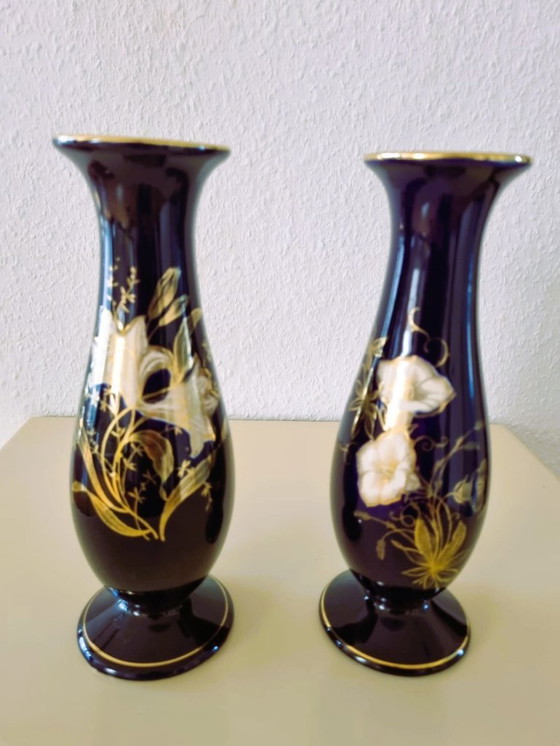 Image 1 of Vasi in porcellana di Limburgo (2x) – blu cobalto con fiori dorati – vintage, realizzati in Germania